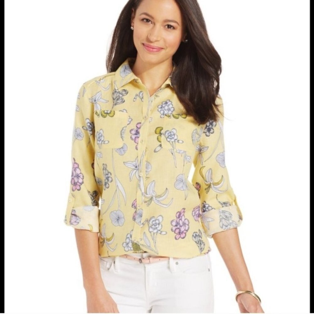 Charter Club Luxury Linen Button Down Yellow Floral Top Size XL